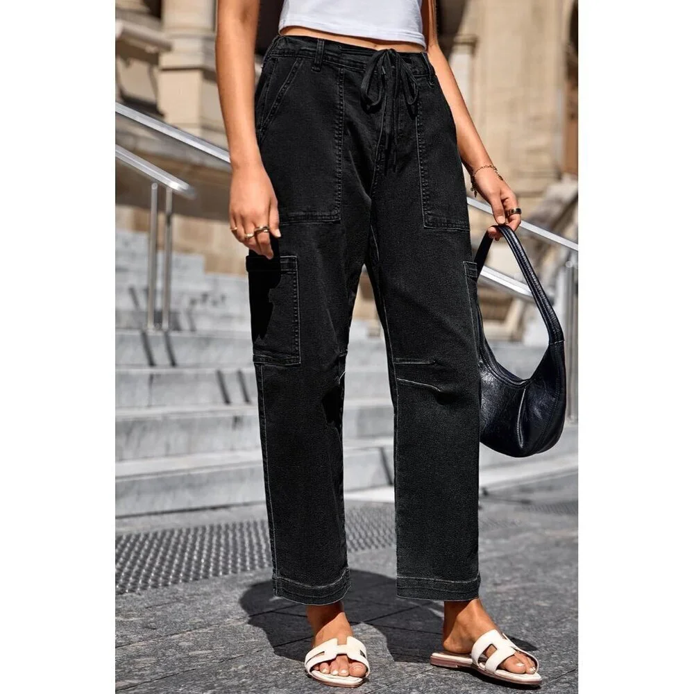 Women Jeans Cargo High Waist Wide Leg Cotton Pants Casual Daywear